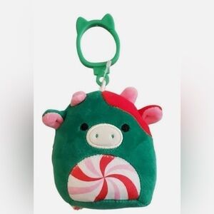 Squishmallows 3.5" Clip-On Christmas Ruben the Cow Peppermint Plush Clip #1